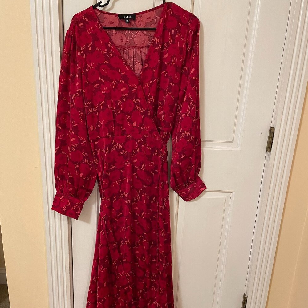 Aakaa Red Long Sleeve Floral Maxi Dress; XL